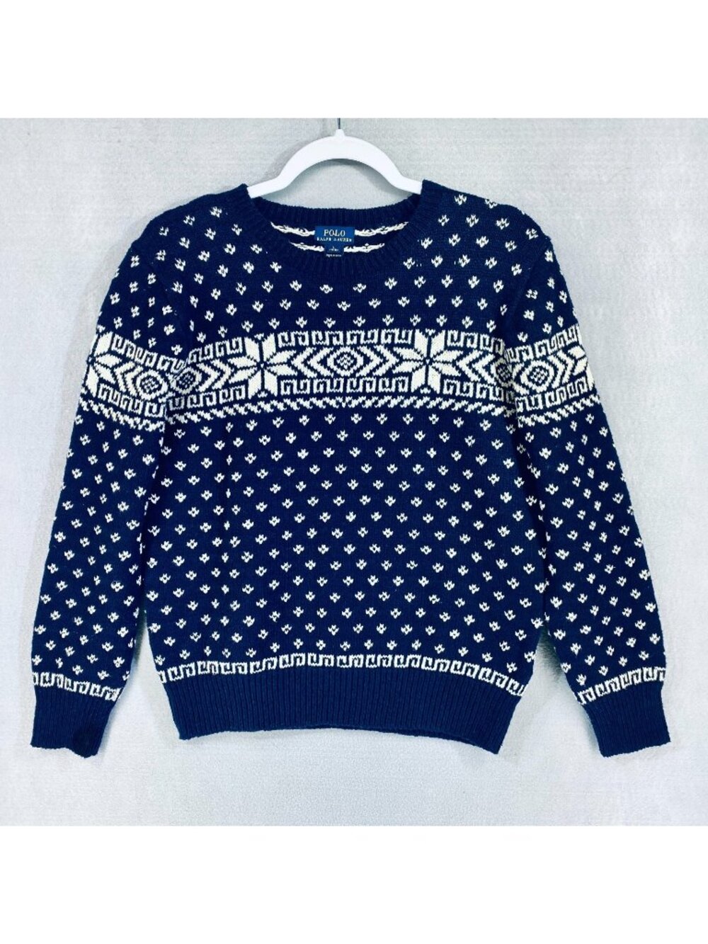 Polo Ralph Lauren Sweater Boys 14 Blue Cotton Linen Fair Isle Pullover Fisherman